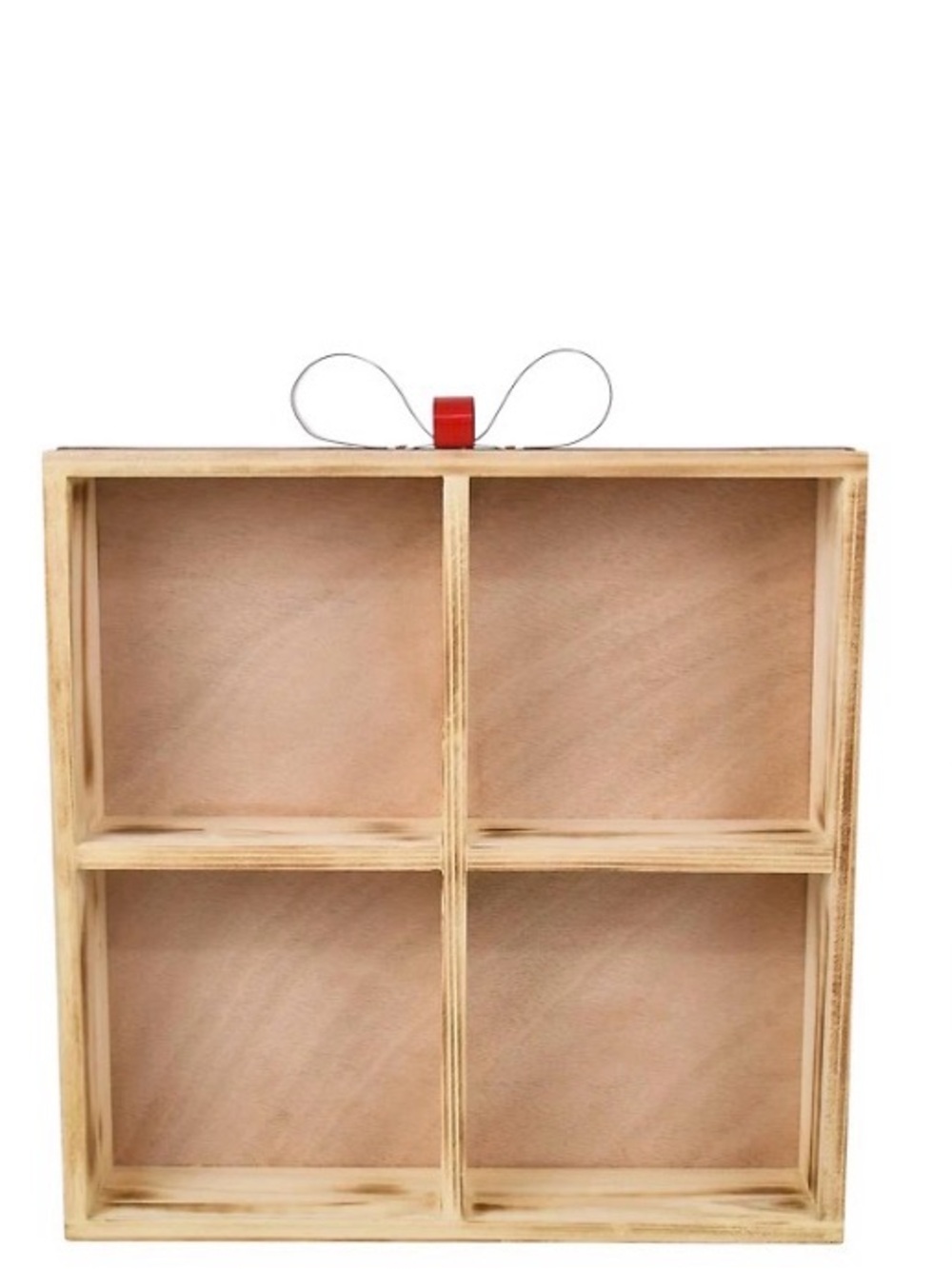 Wooden 4-Compartment Display Box with Ribbon Hanger - Natural Wood
